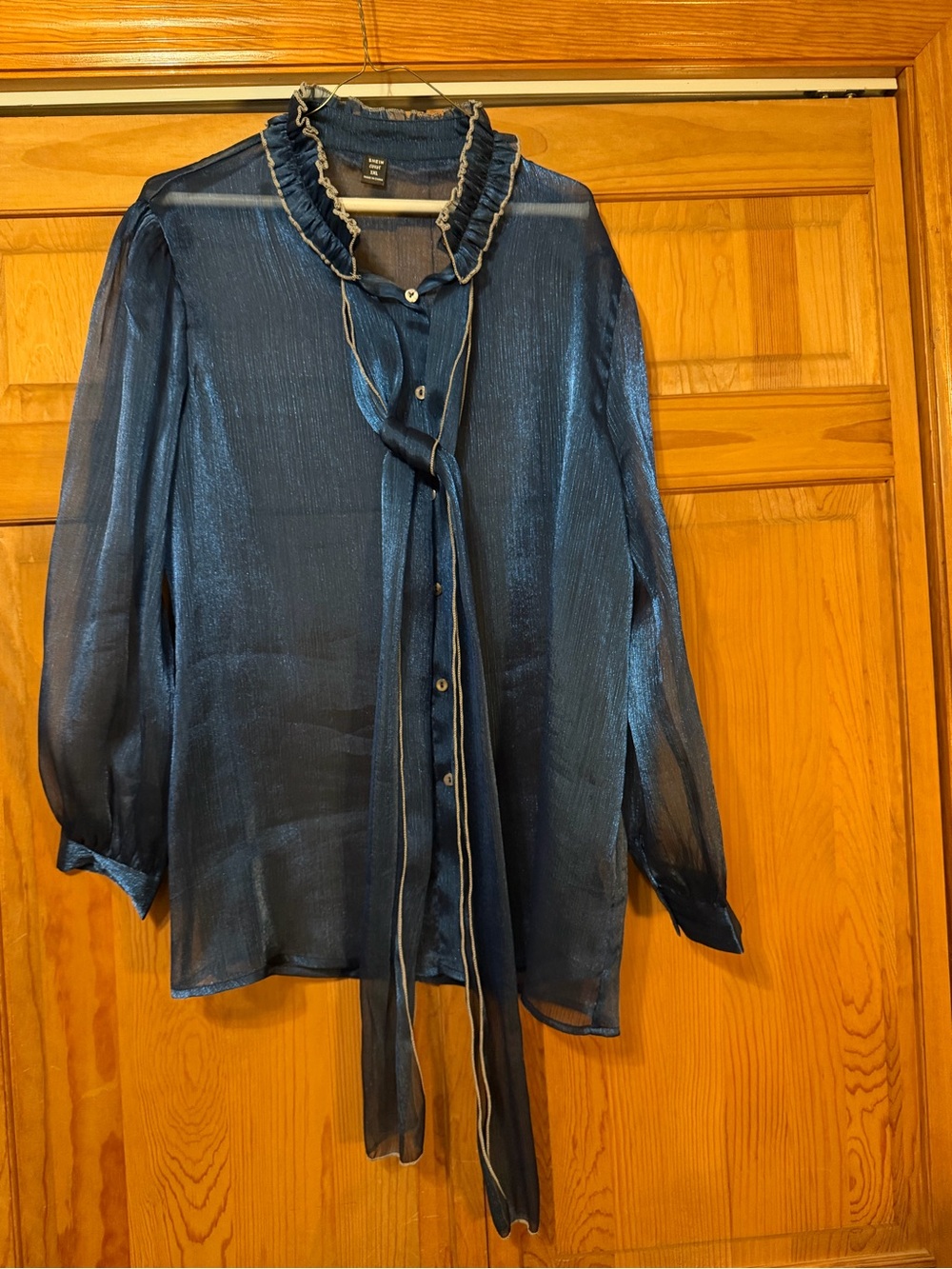 SHEIN Navy Sheer Ruffle Tie Blouse